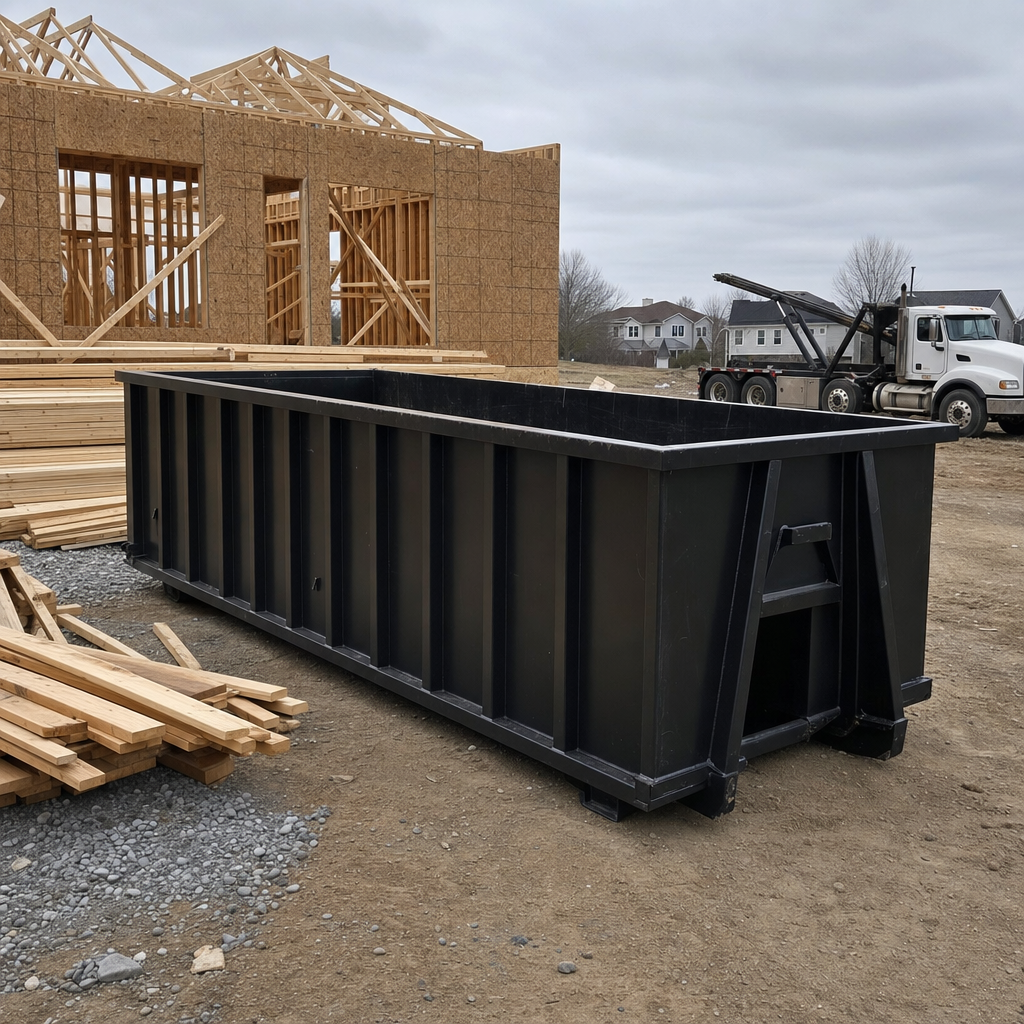 Matte-black 40-yard roll-off dumpster staged on a framed-out residential construction site in Burnsville, framing lumber stacked nearby, hooklift delivery truck visible in the background under bright Colorado daylight