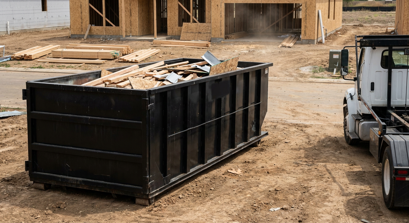 Matte-black 20-yard roll-off construction dumpster with heavy ribbed steel sidewalls and swing rear doors at a working jobsite in Burnsville, sitting directly on compacted dirt with an unmarked white hauler partially visible at the far edge of the frame.