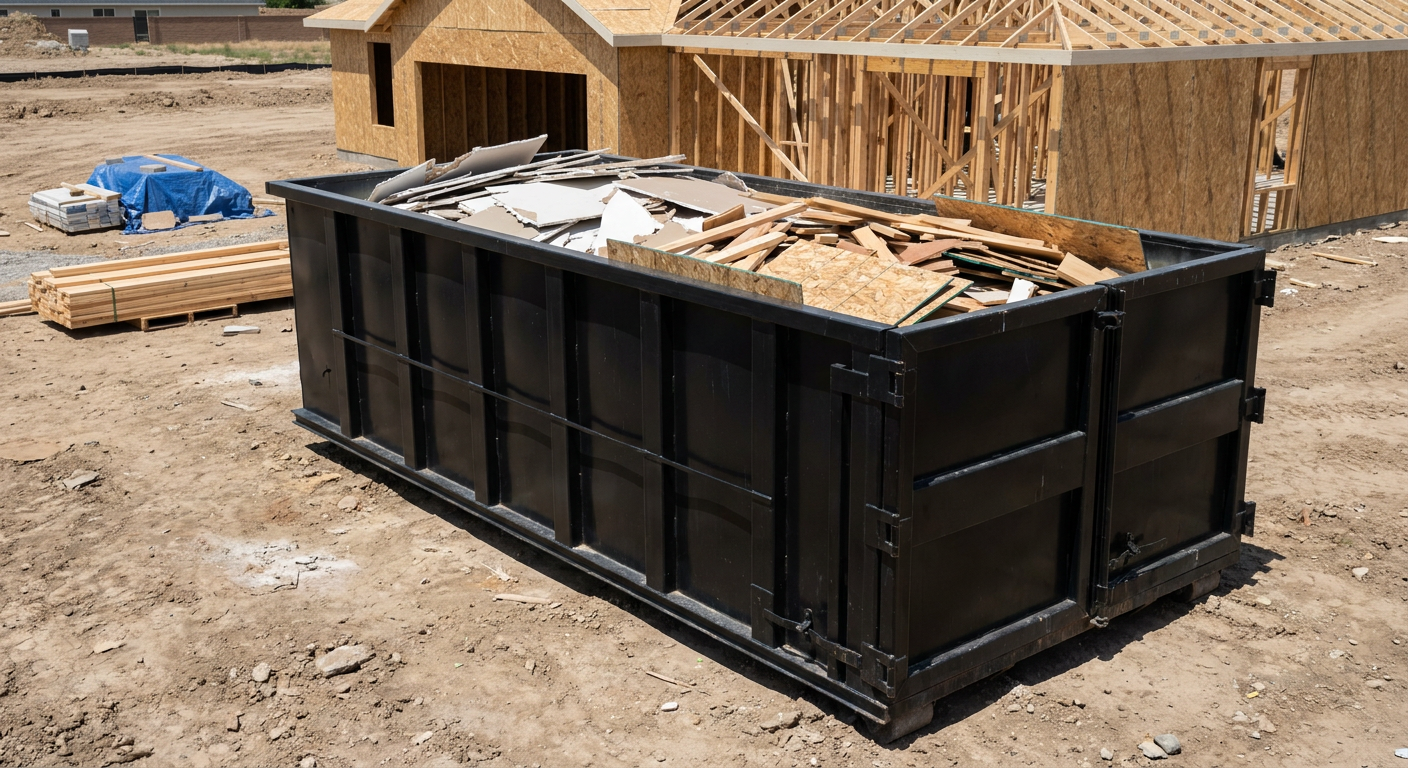 Matte-black 30-yard roll-off construction dumpster sitting directly on the compacted-dirt site of a framed single-family home build in Burnsville, drywall and lumber scrap loaded inside.