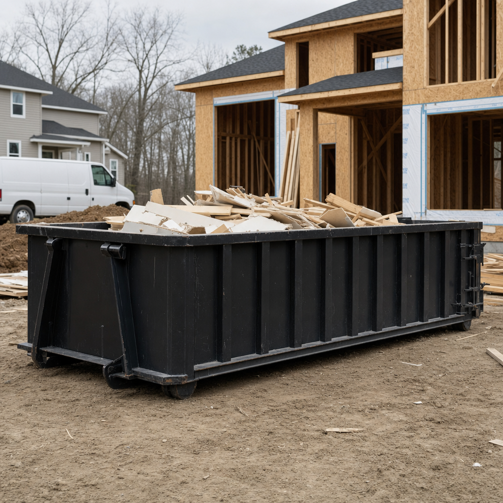 Worker in a yellow high-visibility vest tossing framing lumber and broken drywall into a matte-black 30-yard construction roll-off dumpster on an active build site in Burnsville, bright daylight