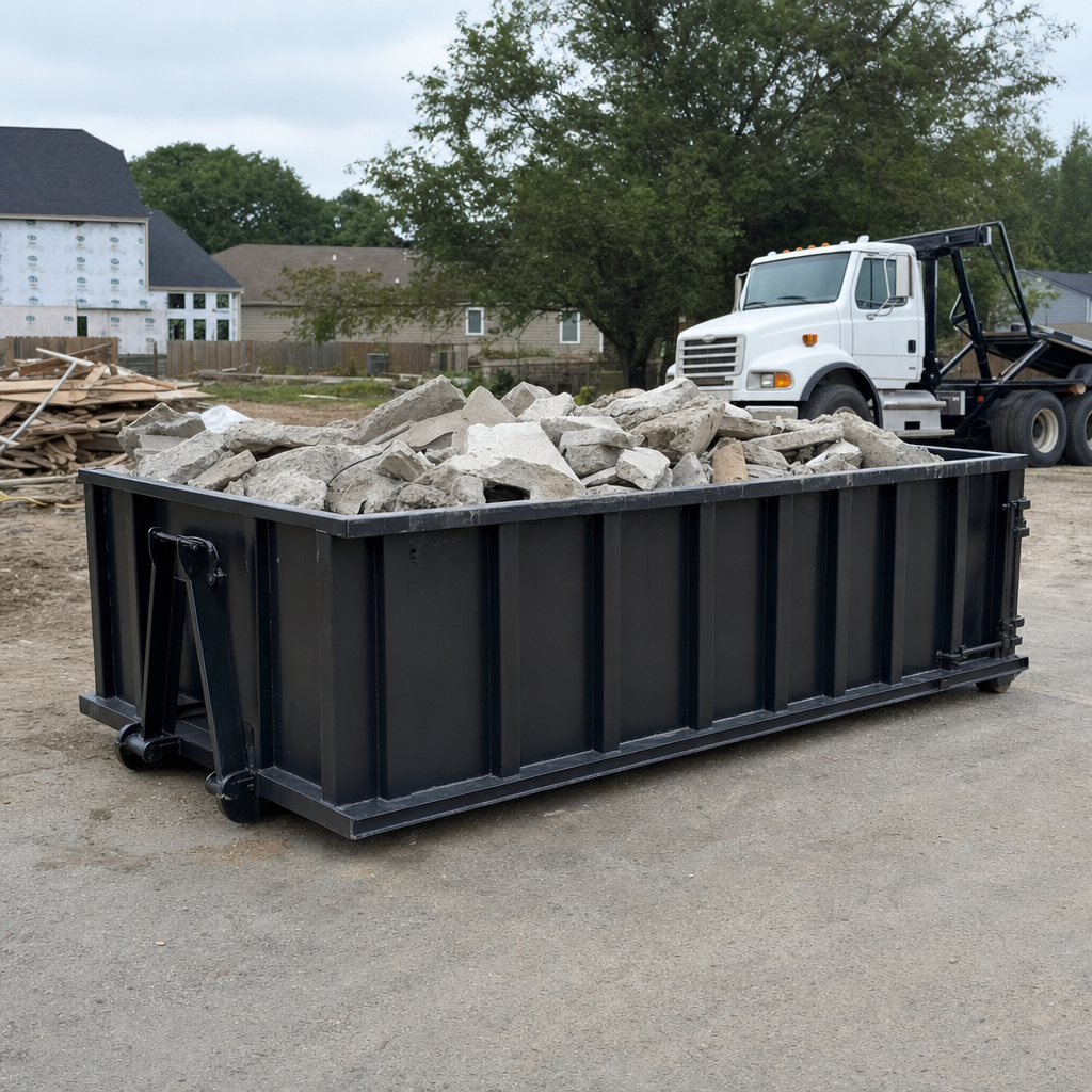 Low-profile matte-black lowboy roll-off dumpster loaded with broken concrete slab and rebar at a foundation tear-out in Burnsville, skid steer parked beside it, sunny Colorado morning