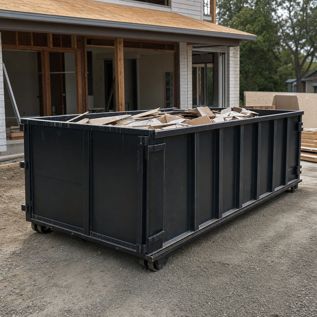 Large matte-black 30-yard construction roll-off dumpster at an active Burnsville jobsite, steel-gray top rails and bottom rollers visible, loaded with construction debris.