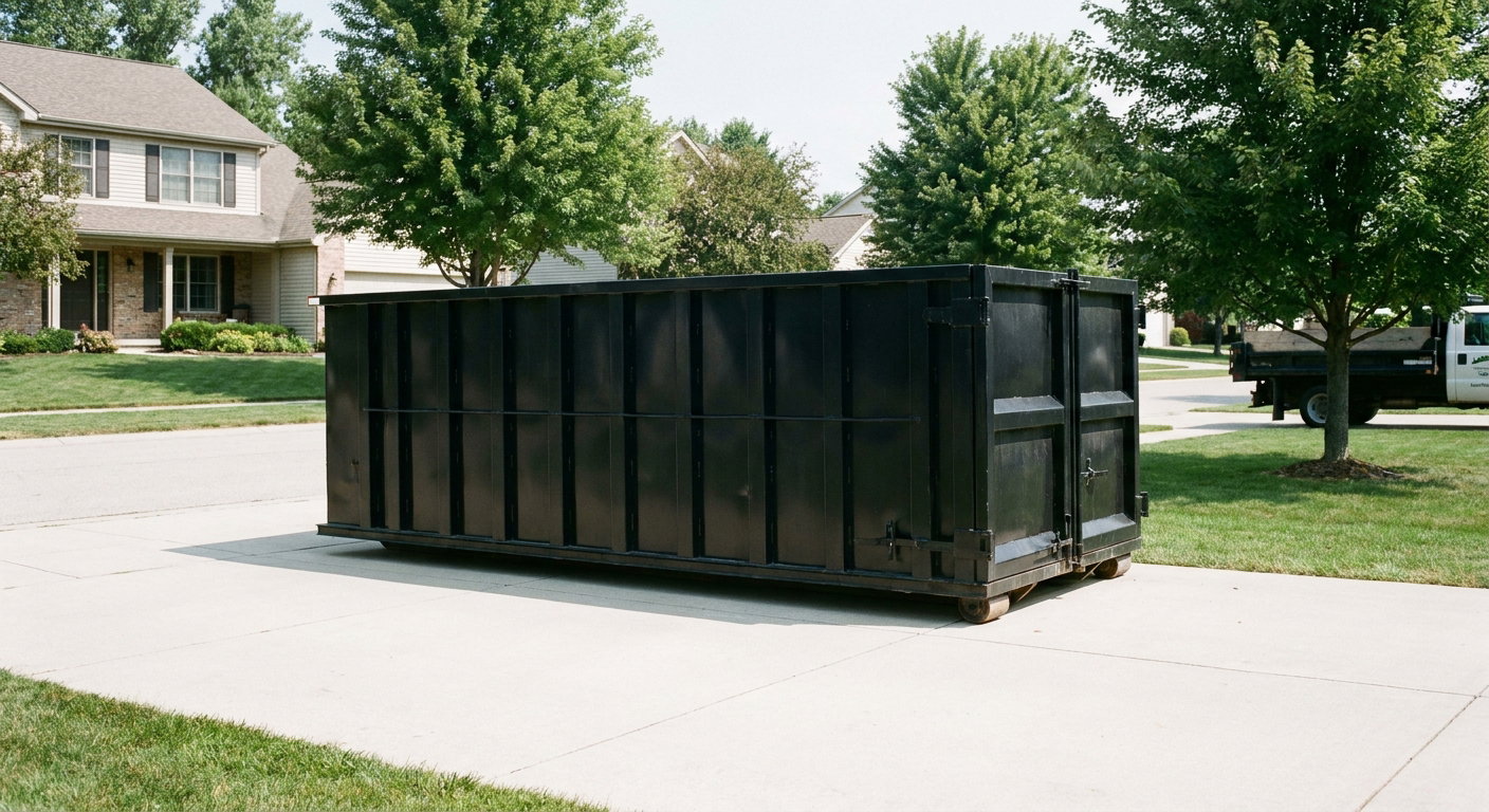 Matte-black 20-yard roll-off dumpster sitting level on a clean Burnsville residential concrete driveway under bright daylight, demonstrating clean placement directly on the concrete.