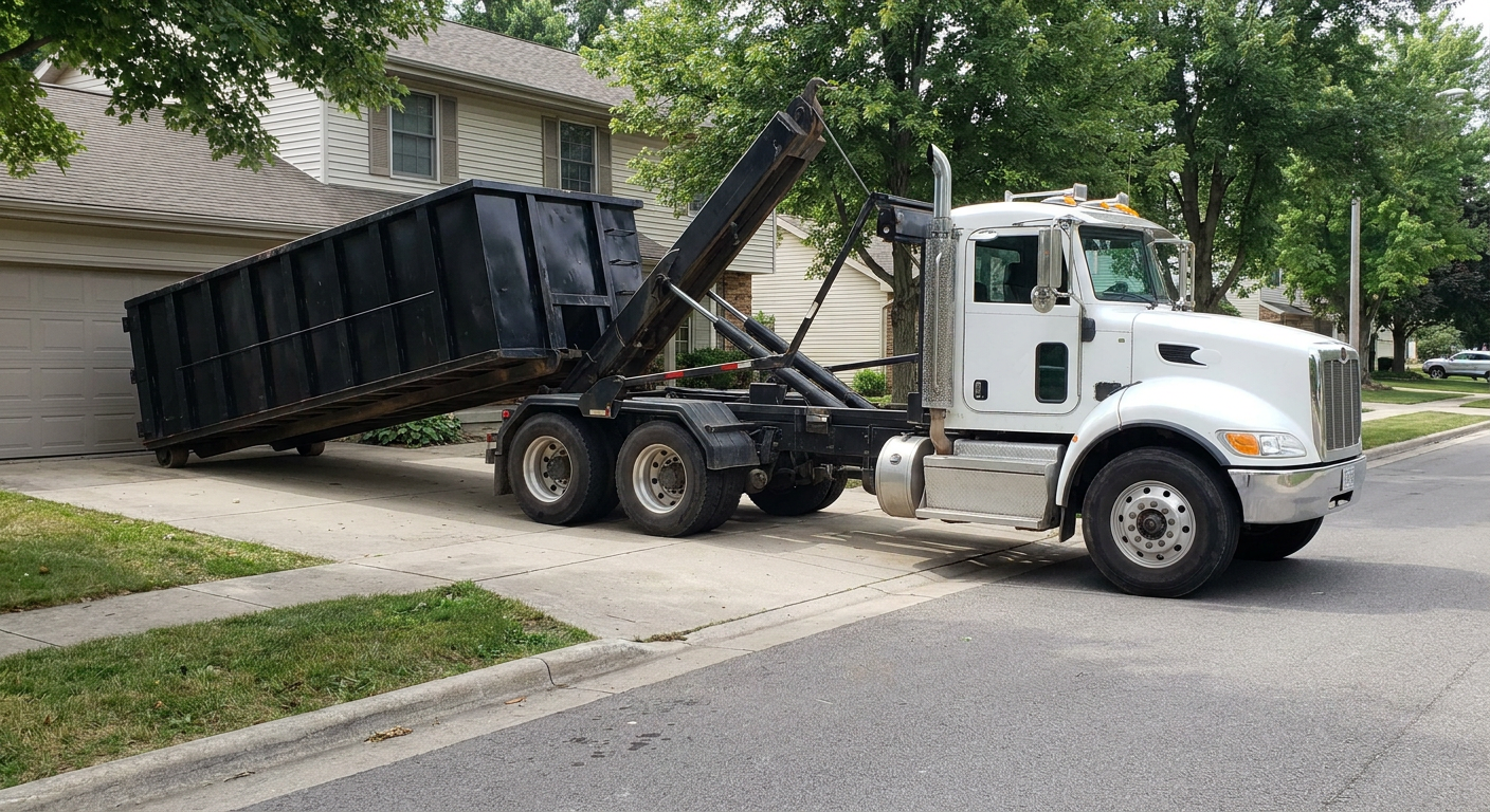 White-cab hooklift roll-off truck actively lowering a matte-black dumpster onto a Burnsville residential concrete driveway, the dumpster's rear wheels touching the driveway as the hoist arm tilts the bed forward, mid-morning daylight.