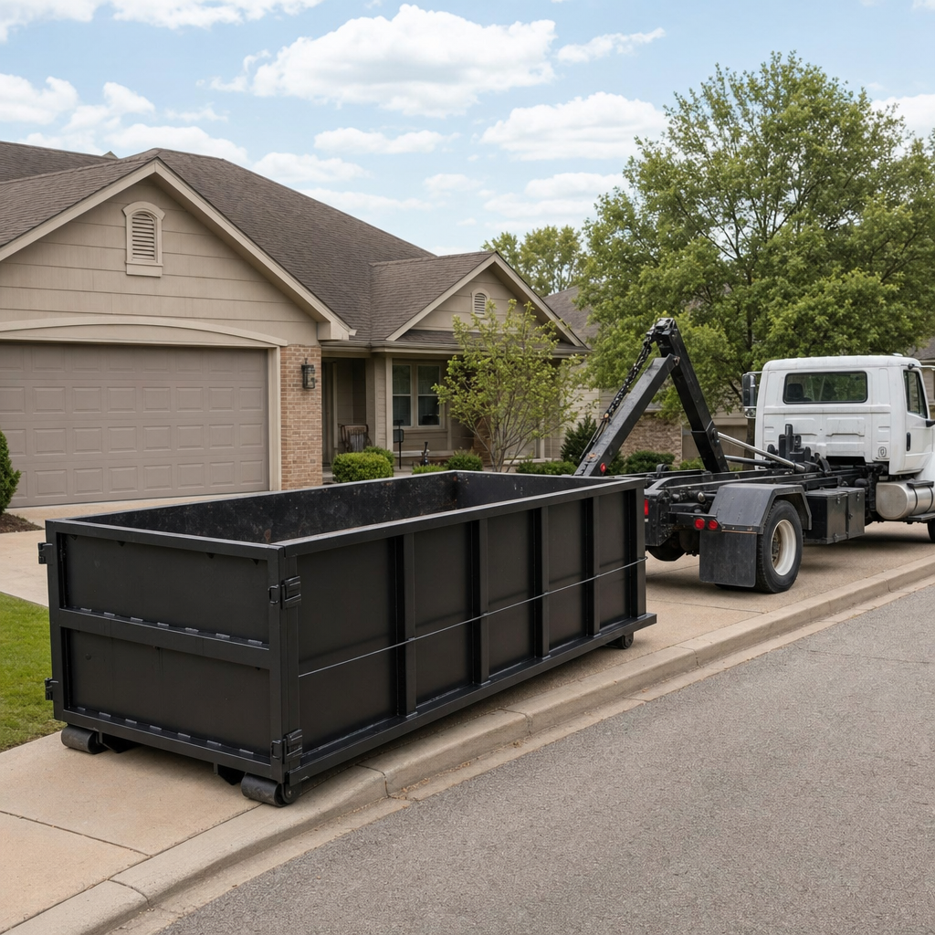 Wide documentary shot of a matte-black roll-off dumpster on a Burnsville residential driveway in the foreground and a contractor jobsite container in the soft-focus background, bright daylight, calm and orderly composition.