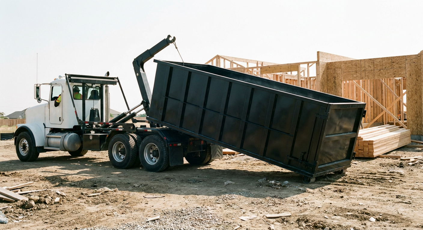 Matte-black roll-off dumpster being delivered onto a clean residential concrete driveway in Burnsville by an unmarked white hooklift hauler truck, bright morning daylight, documentary 35mm perspective.