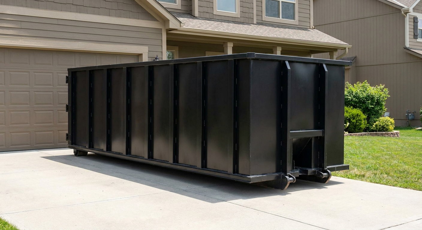 Matte-black residential roll-off dumpster sitting directly on a suburban Burnsville concrete driveway, garage door closed, single-family home in background, bright morning daylight.