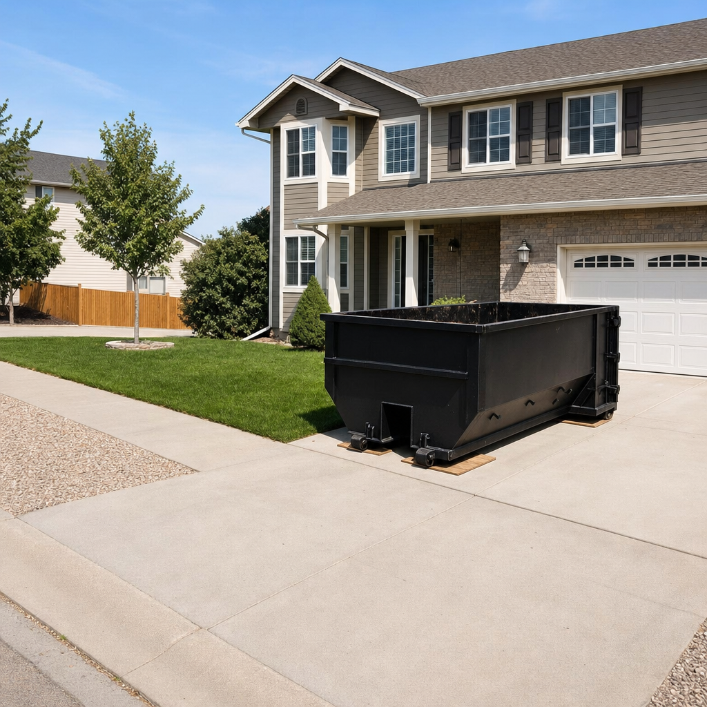 10-yard matte-black residential dumpster placed directly on a narrow Burnsville concrete driveway, room remains for a parked sedan beside it, mid-morning natural light