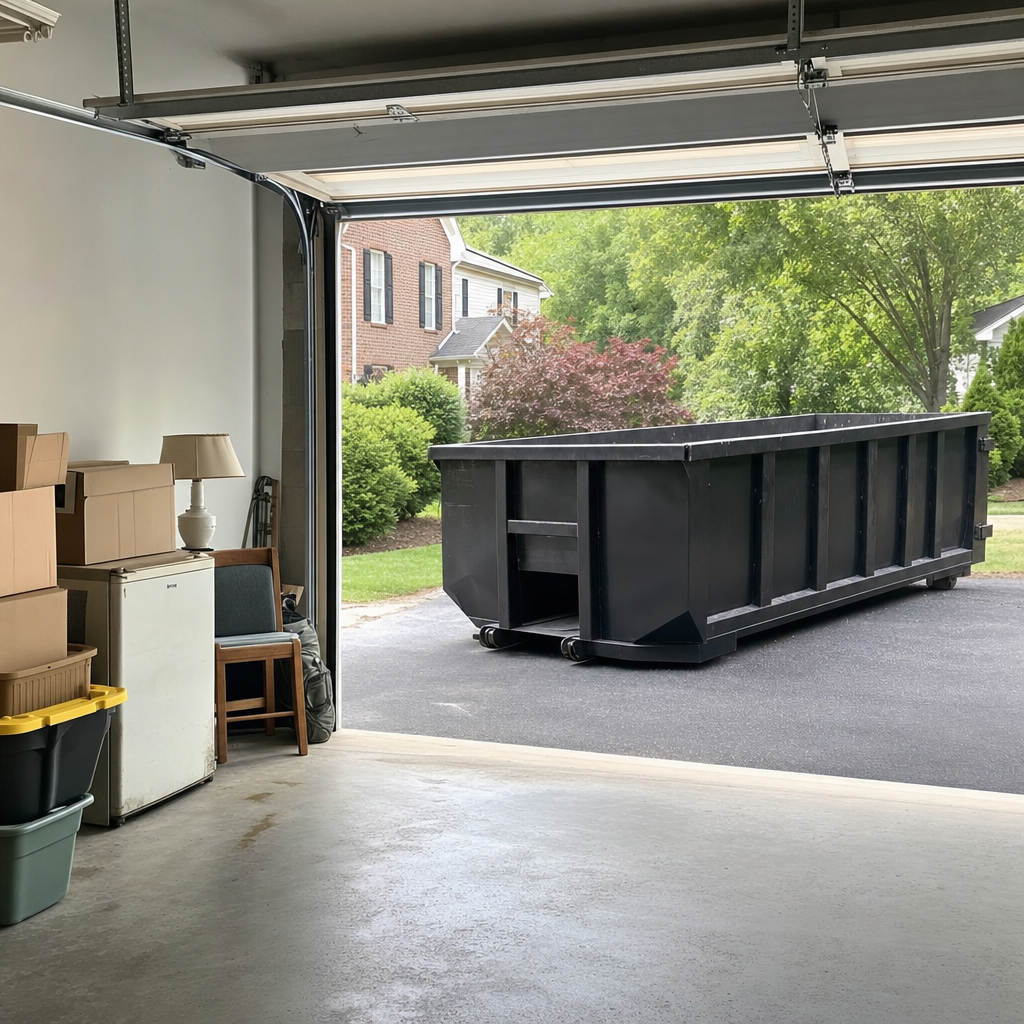 Open garage interior in a Burnsville home mid-cleanout — boxed items, an old appliance, and stacked yard tools queued near the driveway for a matte-black roll-off dumpster, organized and calm