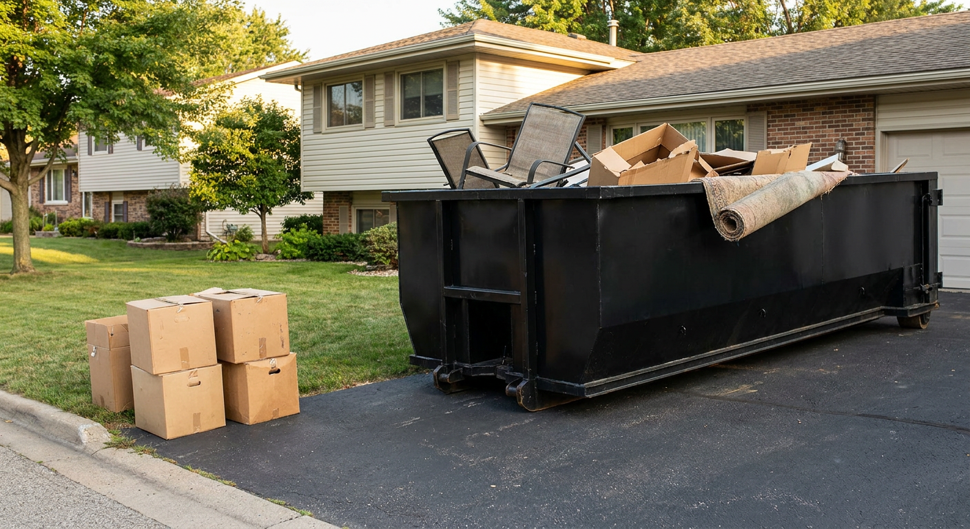 Front-yard view of a Burnsville split-level home with a 20-yard matte-black roll-off dumpster sitting directly on the asphalt driveway, a few clearly labeled donation boxes staged at the curb, calm sunny afternoon.