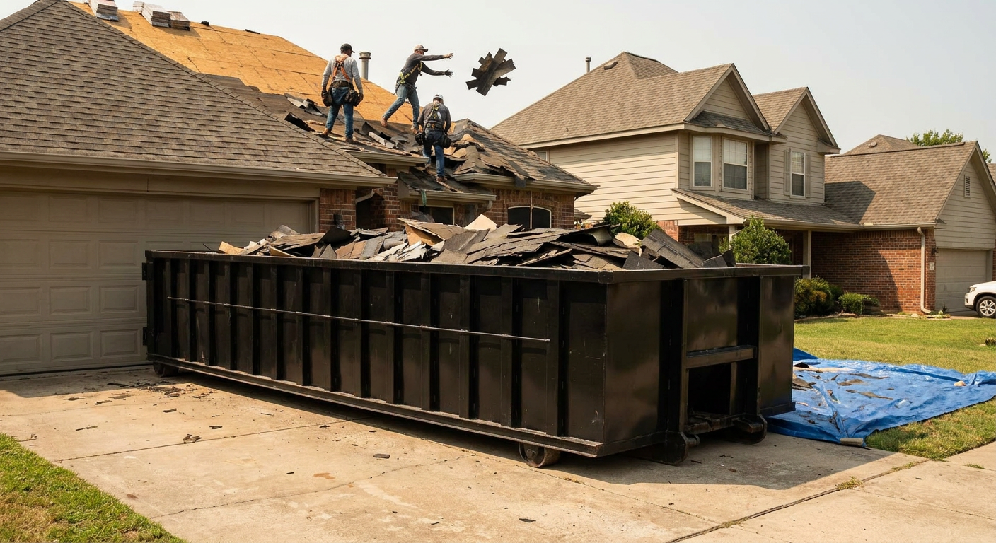 Matte-black roofing roll-off dumpster placed directly on a Burnsville residential concrete driveway, a tear-off crew on a two-story asphalt-shingle roof tossing shingle bundles into the low-walled container, bright daylight, documentary 35mm perspective.