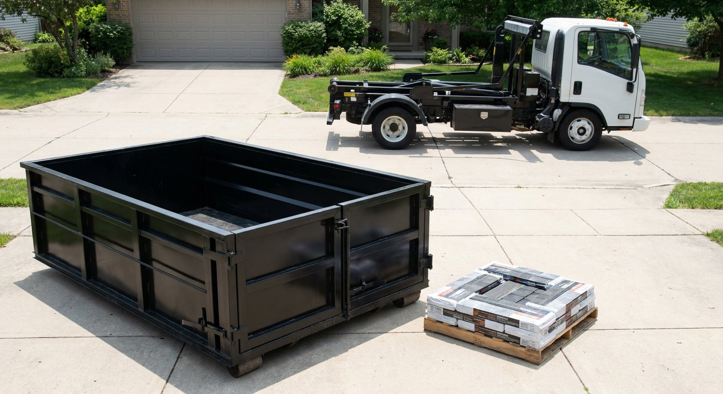 Matte-black 15-yard roofing roll-off dumpster with reinforced low side walls sitting directly on a Burnsville residential concrete driveway, three-tab asphalt shingle bundles stacked nearby, an unmarked white hauler truck partially visible at the edge of the frame.