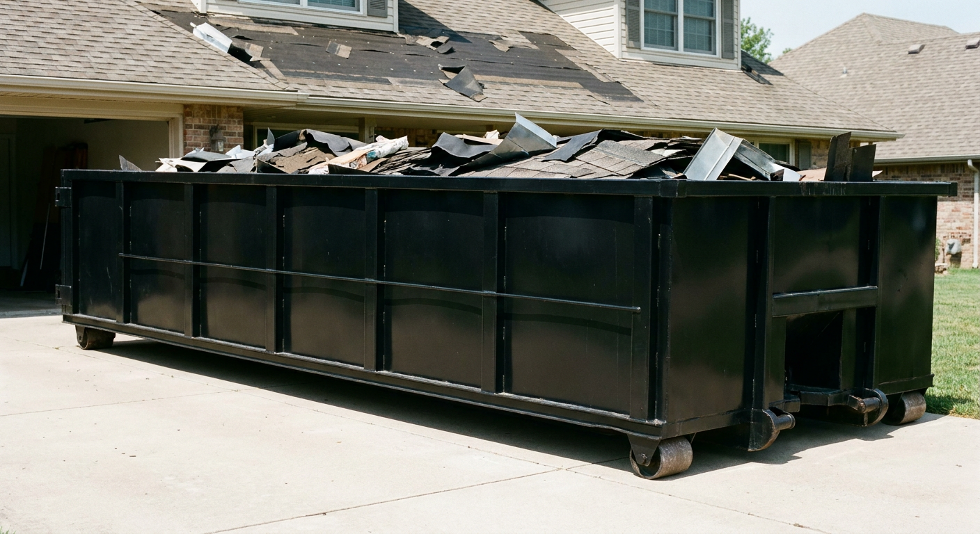 Matte-black 20-yard roofing roll-off dumpster with steel ribbed sides and swinging rear door, sitting directly on the concrete driveway of a two-story Burnsville home, asphalt shingle debris being loaded over the low wall, clean documentary lighting.
