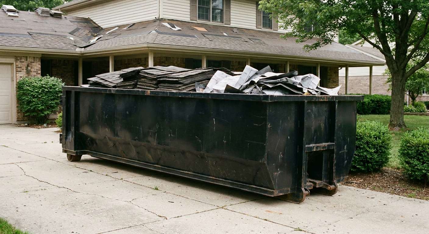 Matte-black 30-yard roofing roll-off dumpster sitting directly on a Burnsville concrete driveway, taller ribbed steel side panels, mixed tear-off debris of asphalt shingles and underlayment inside, professional documentary daylight.