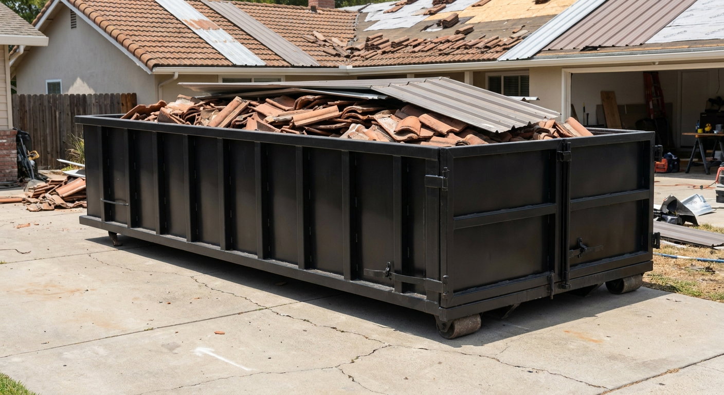 Matte-black low-wall heavy-debris roofing roll-off dumpster sitting directly on a Burnsville concrete driveway, broken concrete clay roof tiles and metal panel sections loaded inside, reinforced ribbed steel side walls visible, bright outdoor daylight.