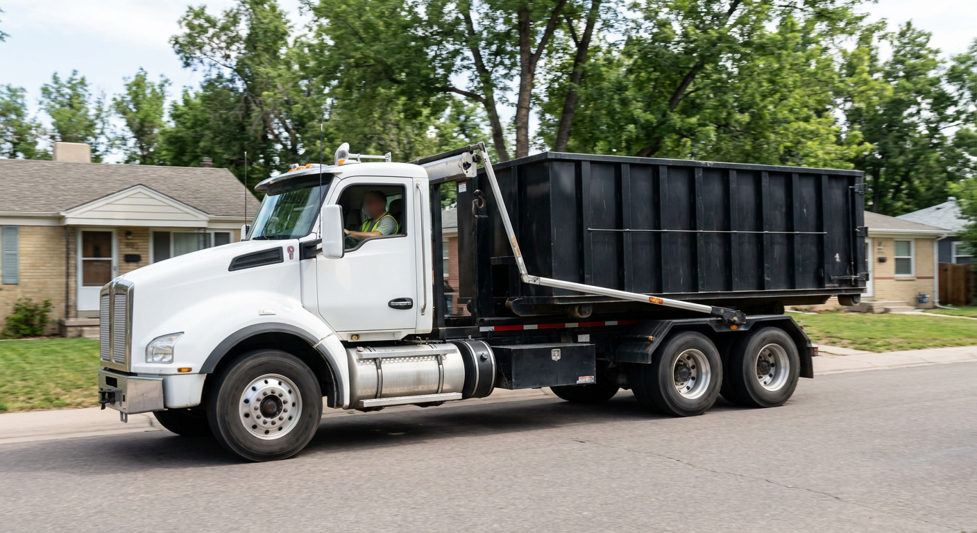 A wide documentary shot of a matte-black roll-off delivery truck pulling onto a quiet Burnsville residential street at mid-morning, with neighborhood rooftops and tree-lined blocks visible behind, showing the metro coverage footprint.