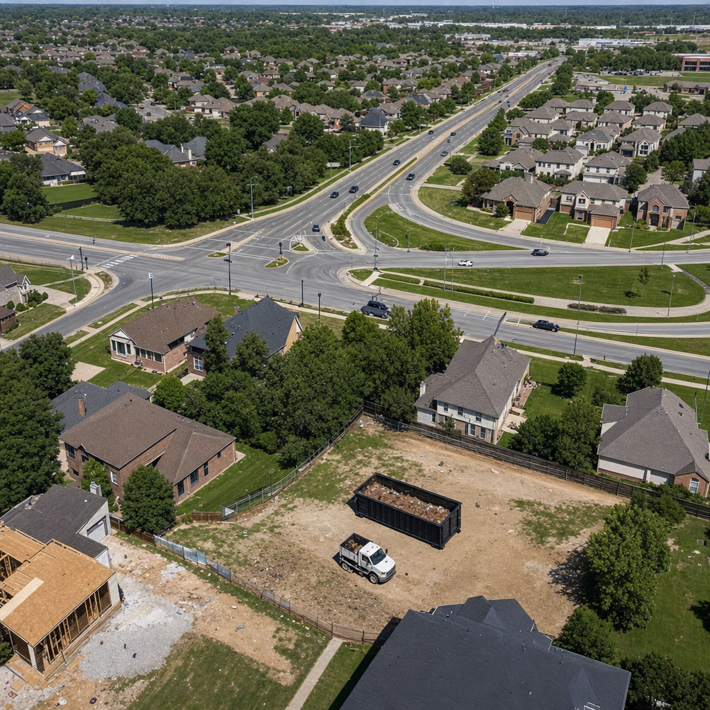 An overhead documentary view of the Burnsville metro area at midday, showing the spread of neighborhoods, arterial roads, and the dispatch radius from a central yard — clean daylight, organized geographic layout.