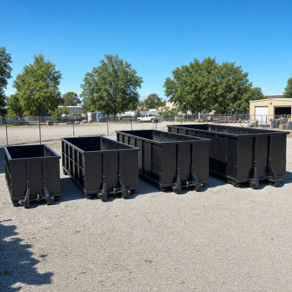 A clean lineup of matte-black roll-off dumpsters in 10, 20, 30, and 40-yard sizes staged on a sunlit gravel yard in Burnsville, showing the size progression from compact to commercial-scale containers.