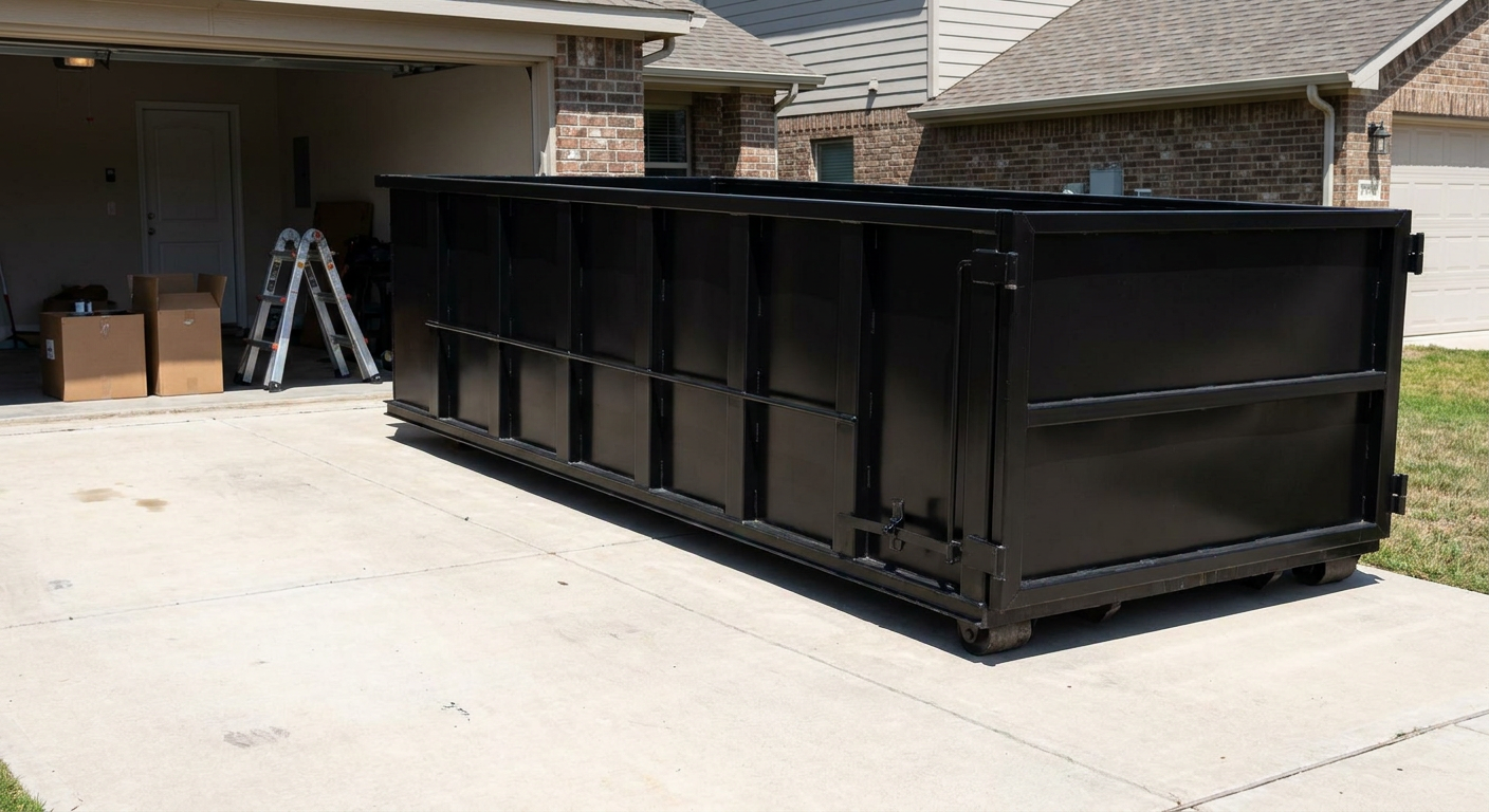 A matte-black 10-yard roll-off dumpster sitting directly on a residential Burnsville concrete driveway, mid-day sunlight, clean and ready for a garage cleanout.