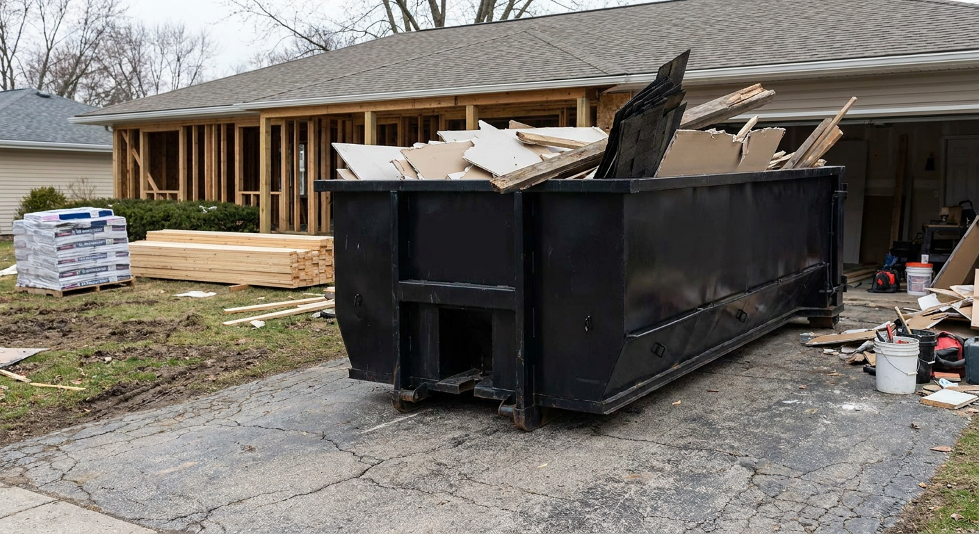 A matte-black 20-yard roll-off dumpster placed alongside a mid-renovation Burnsville home directly on the asphalt driveway, with framing materials and torn-off shingles staged neatly nearby.