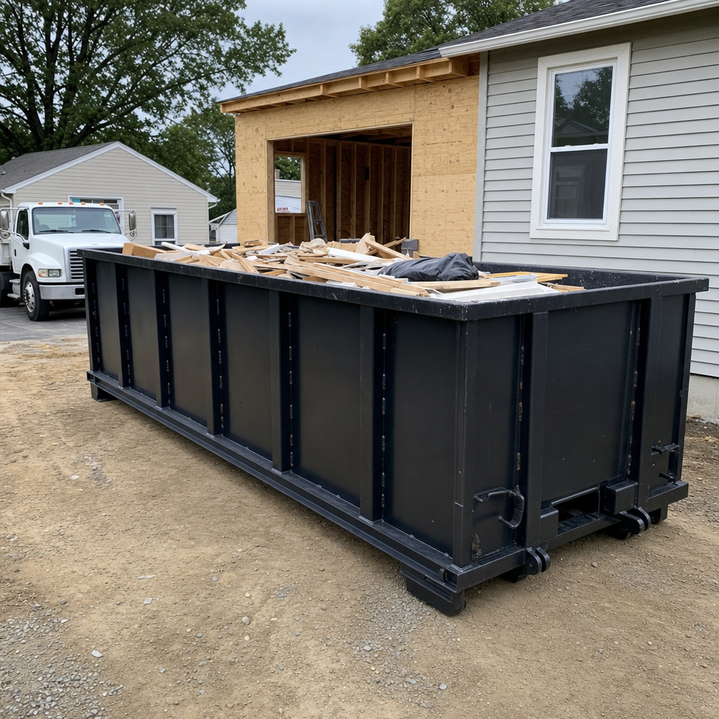 A matte-black 30-yard roll-off dumpster positioned at a Burnsville residential addition jobsite, with framing lumber and drywall scraps loaded through the open swinging rear doors.