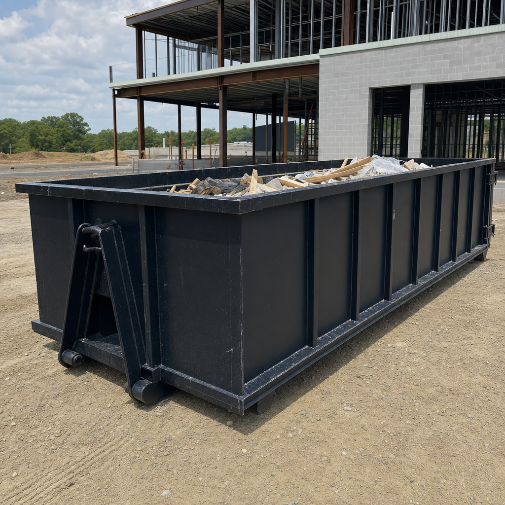 A matte-black 40-yard roll-off dumpster staged on a large Burnsville commercial construction lot, with a hooklift delivery truck parked alongside under bright midday sky.