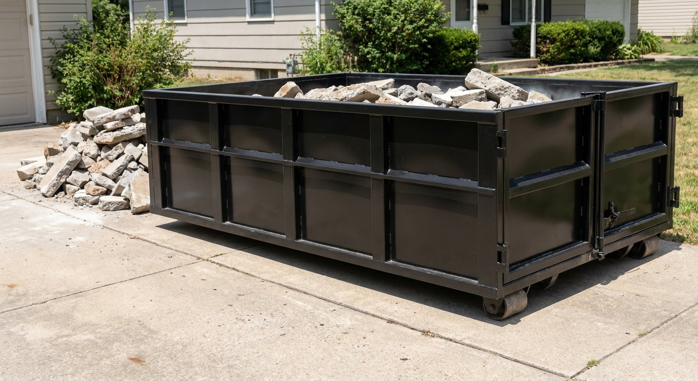 A matte-black low-side heavy-debris roll-off dumpster placed directly on a Burnsville concrete driveway, with broken concrete chunks neatly stacked beside it under clean daylight.